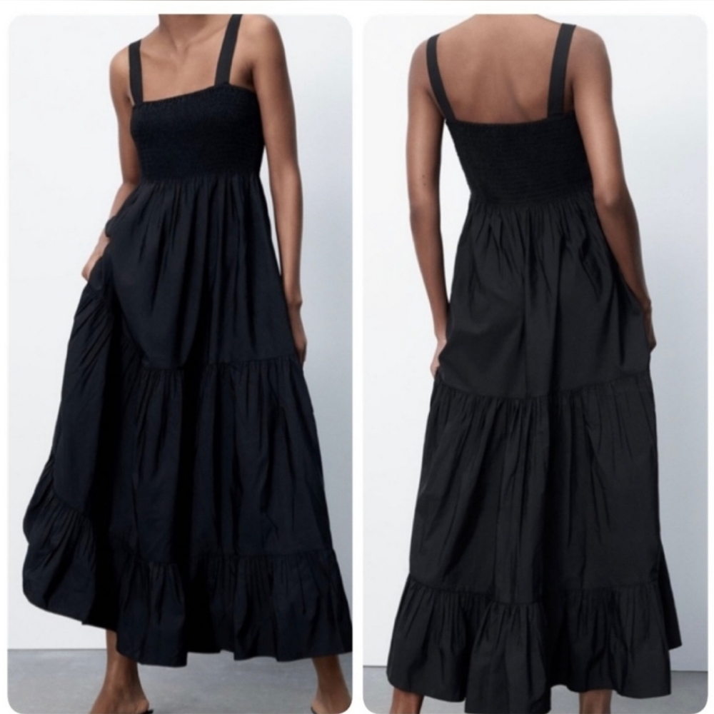 Zara Smocked Poplin Black Dress Size Large